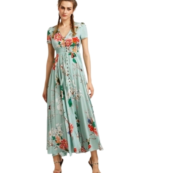 Amzplus Dress Floral Smocked Boho Tassled Tie Front Maxi Green Plus Size 3XL - Picture 8 of 16